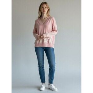 Metric Knits Light Pink V-Neck Sweater with Daisy Embroidery